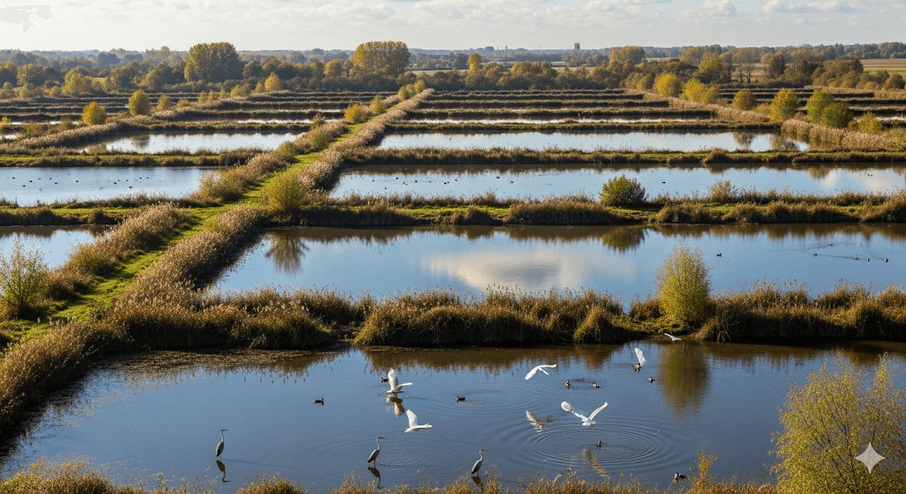 Illustration : Surnommée le 'pays aux mille étangs', la Dombes est une région naturelle unique en France, réputée pour sa faune ornithologique exceptionnelle et ses paysages paisibles.