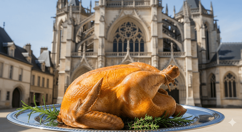 Illustration : Préfecture du département, Bourg-en-Bresse est célèbre pour son monastère royal de Brou et sa volaille de Bresse AOP, fleuron de la gastronomie française.