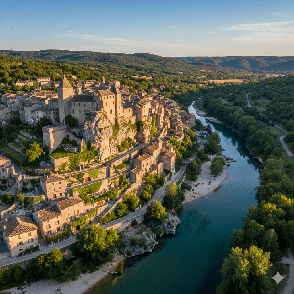 Illustration : L'Ardèche est célèbre pour ses villages classés, comme Vogüé, Balazuc ou Labeaume, qui semblent sculptés à même la falaise, offrant un patrimoine et des vues uniques.