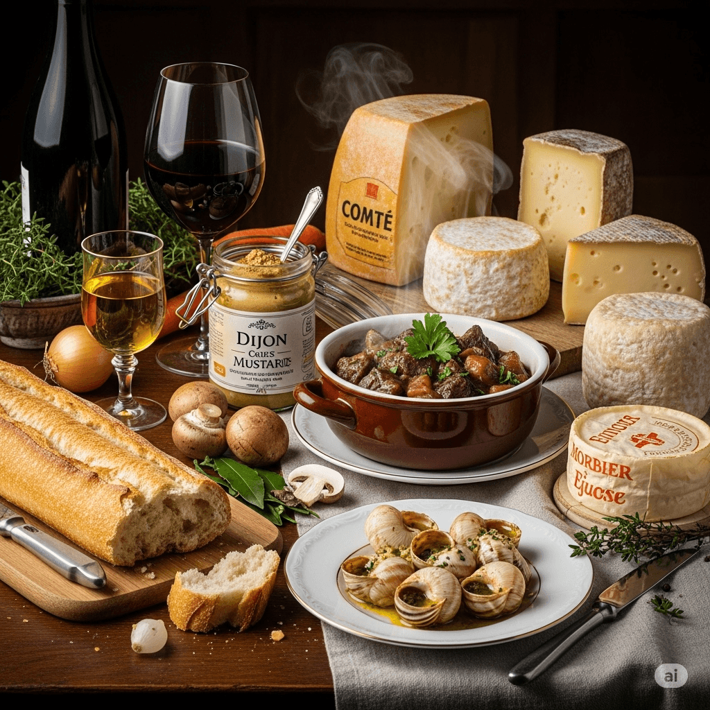 Illustration : Moutarde de Dijon, fromages du Jura, bœuf bourguignon, escargots ou encore comté : la région est un haut lieu de la cuisine française.