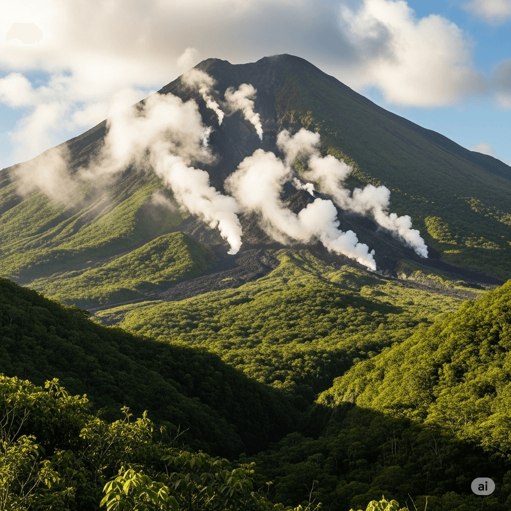 Illustration : La Basse-Terre abrite la Soufrière, volcan actif, ainsi que le parc national de la Guadeloupe, idéal pour la randonnée et l’écotourisme.