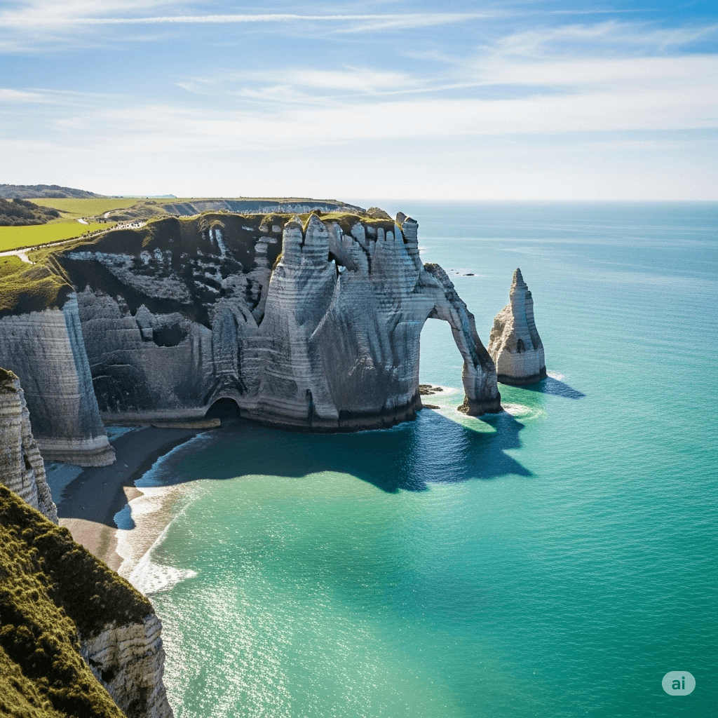 Illustration : La Normandie s’étend sur plus de 600 km de côtes avec des paysages emblématiques comme les falaises d’Étretat, les plages du Débarquement ou la Côte Fleurie.