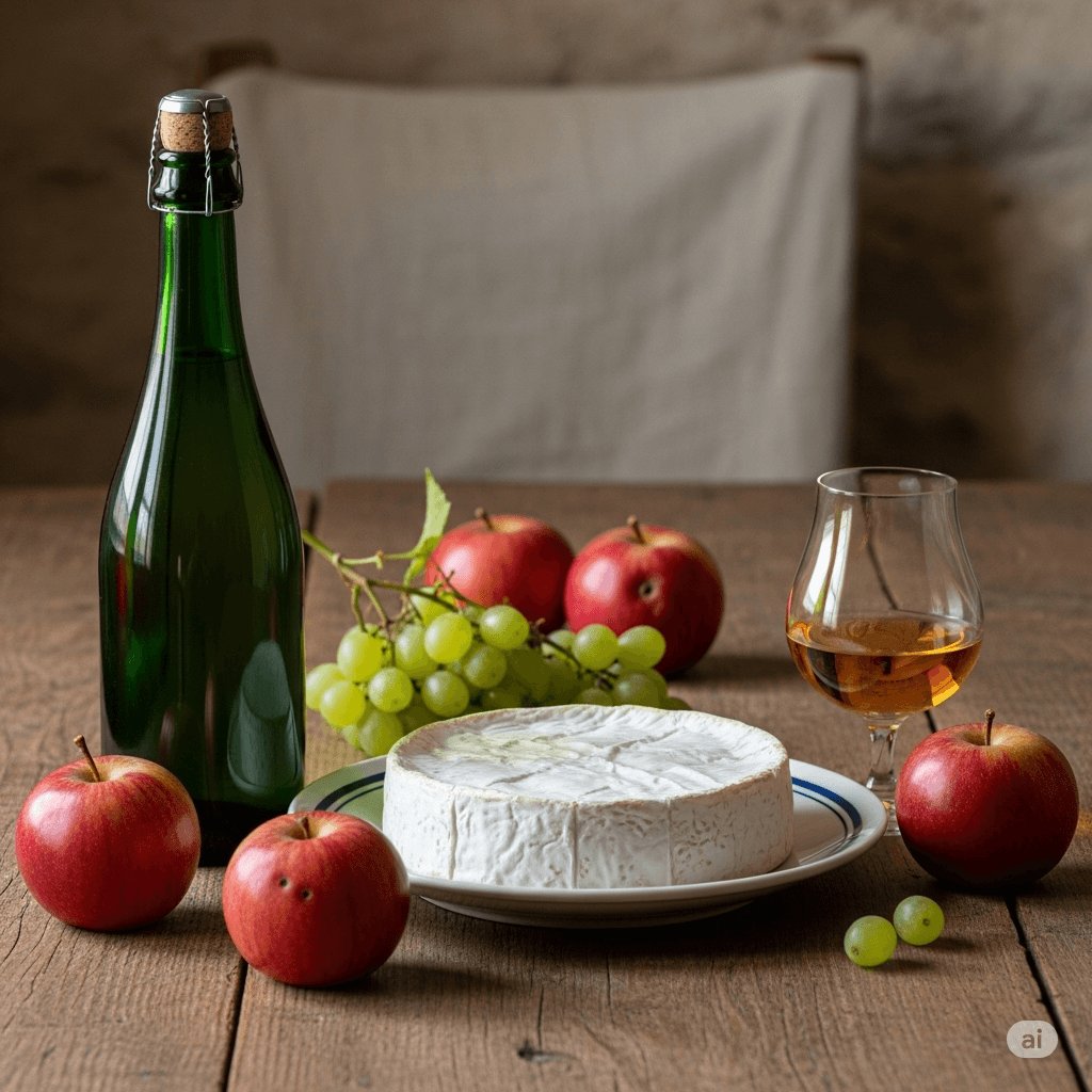 Illustration : Camembert, huîtres de Normandie, cidres, calvados et fromages AOP illustrent la richesse gastronomique et le savoir-faire local.