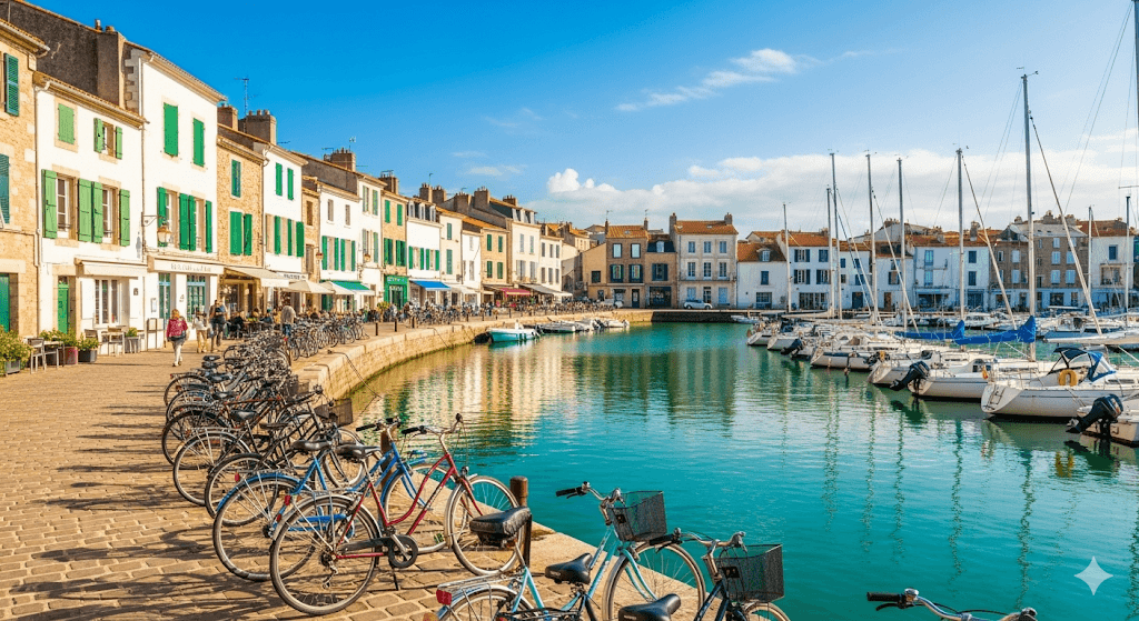 Illustration : Parcourez ses 100 km de pistes cyclables, découvrez ses villages de charme comme Saint-Martin-de-Ré (classé UNESCO), et profitez de ses plages de sable fin. Un havre de paix unique.