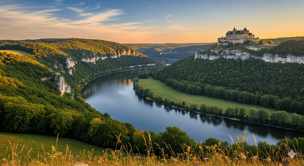 Illustration : Classée Réserve de biosphère par l'UNESCO, la vallée offre des paysages spectaculaires, des châteaux perchés comme celui de Turenne, et de nombreuses activités de plein air.
