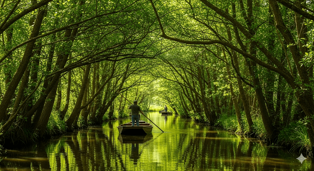 Illustration : Embarquez pour une balade en barque dans ce labyrinthe de canaux verdoyants. Un site naturel unique en Europe, classé Grand Site de France, pour une expérience magique et apaisante.