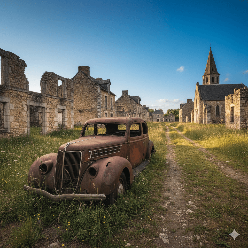 Illustration : Un lieu de mémoire unique et poignant. Parcourez les ruines de ce village conservées en l'état depuis le massacre du 10 juin 1944, un témoignage essentiel de l'histoire.