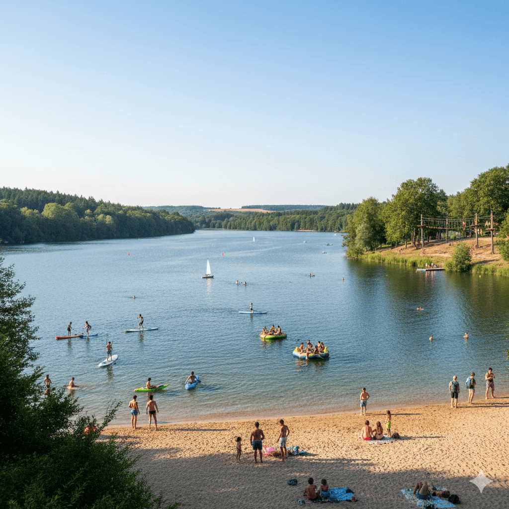 Illustration : Le plus grand site touristique de la Haute-Vienne. Un lac de 330 hectares offrant plages, activités nautiques, randonnées et parcours acrobatiques pour toute la famille.
