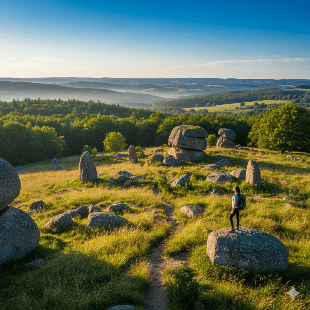 Illustration : Explorez les paysages vallonnés du Limousin, parsemés de menhirs et de chaos granitiques. Un paradis pour les randonneurs à la recherche de nature et de mystère.