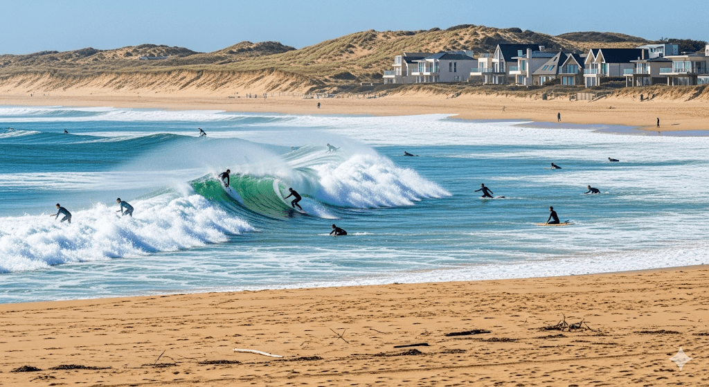 Illustration : Avec ses 106 km de plages de sable fin, la côte landaise est la capitale européenne du surf. Hossegor, Seignosse et Capbreton attirent une population jeune et dynamique, et stimulent un marché immobilier très prisé.