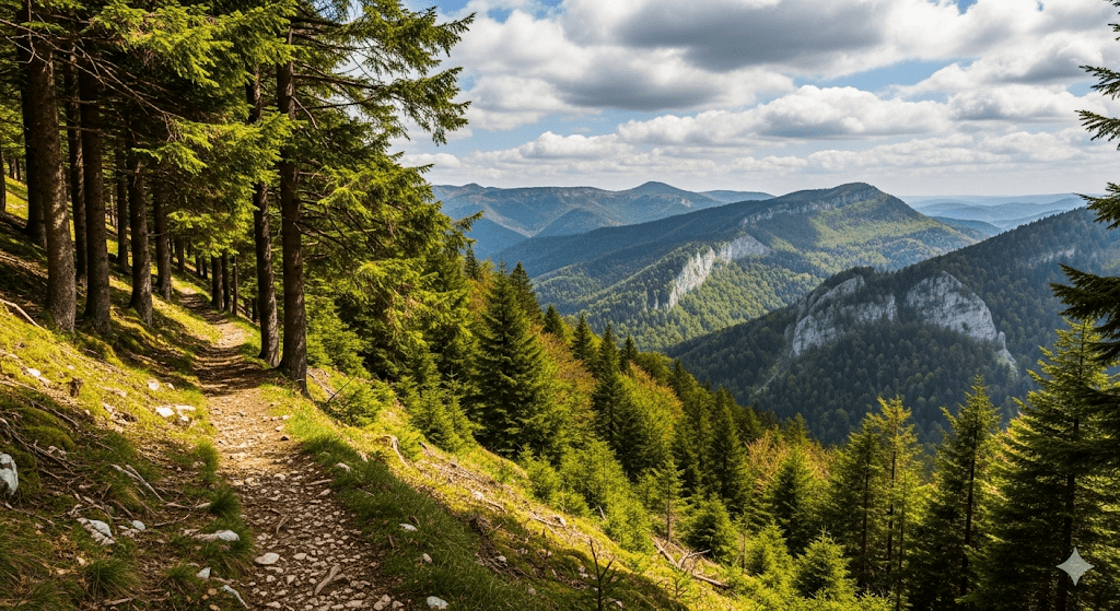 Illustration : À l'est du département, le massif du Jura offre des paysages de montagne préservés, des stations de ski familiales et d'innombrables sentiers de randonnée pour les amoureux de la nature.