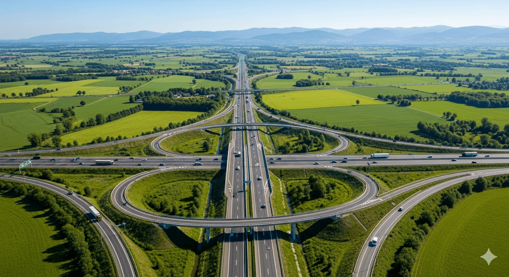 Illustration : Idéalement situé et desservi par un excellent réseau autoroutier, l'Ain est un carrefour stratégique qui connecte facilement Lyon, Genève, Paris et les Alpes.