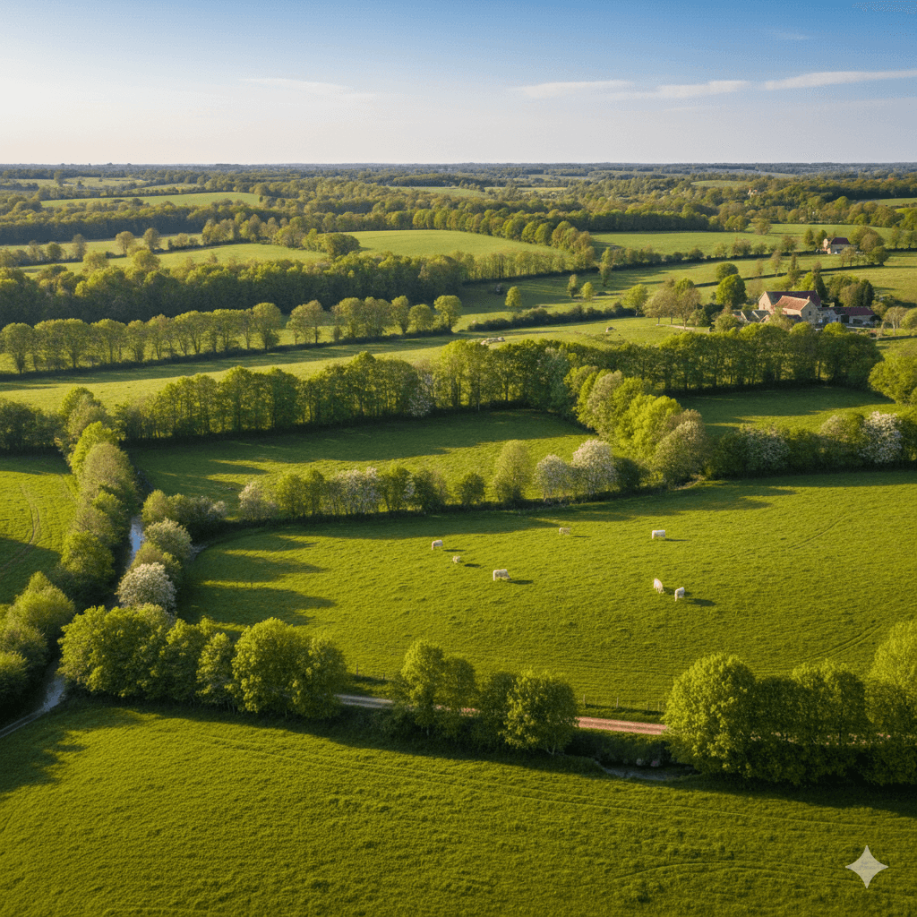 Illustration : Le paysage typique de l'Allier, avec ses prairies verdoyantes séparées par des haies, offre un cadre de vie paisible et une biodiversité préservée.