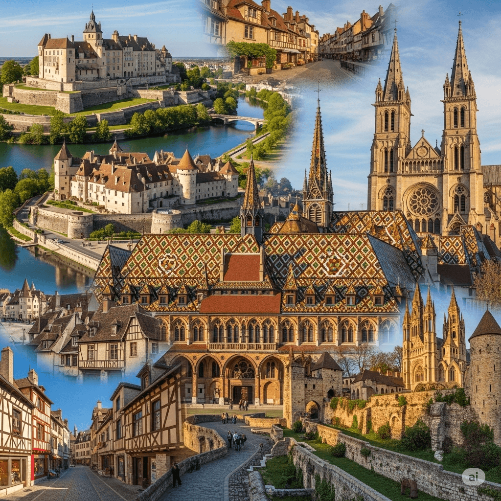 Illustration : Hospices de Beaune, citadelle de Besançon classée UNESCO, cathédrale de Nevers et cités médiévales témoignent d’une histoire riche et diversifiée.