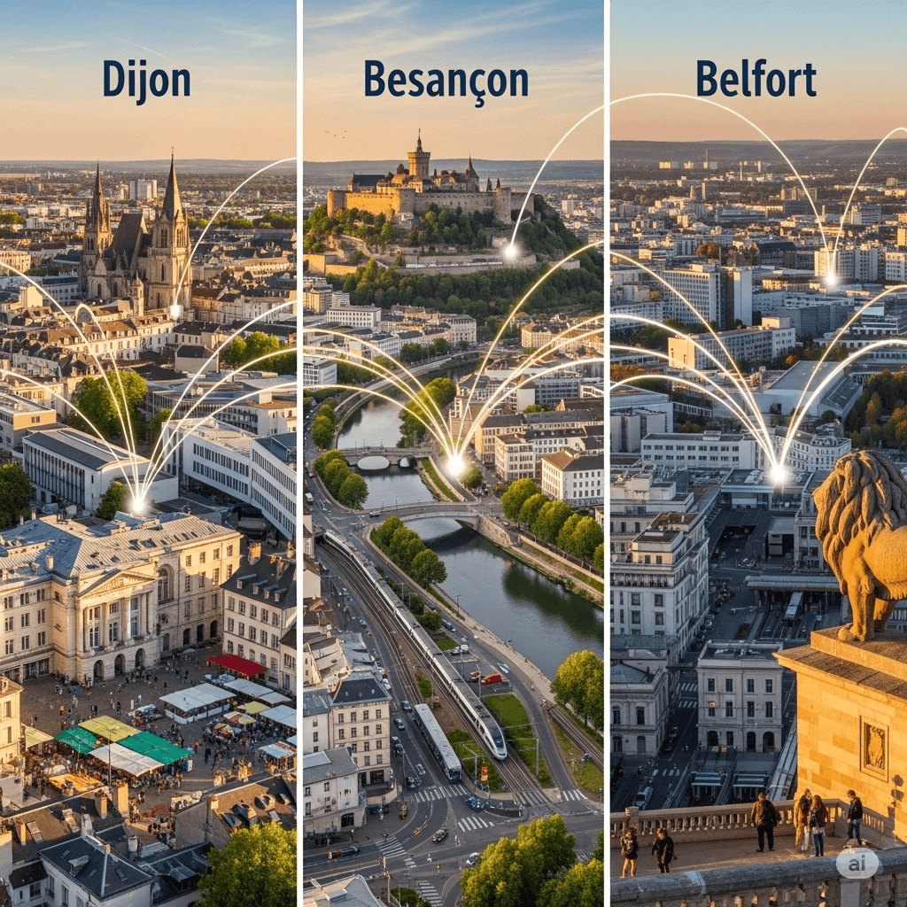 Illustration : Dijon, Besançon et Belfort associent dynamisme économique, universités et accessibilité frontalière, renforçant la demande en logements.