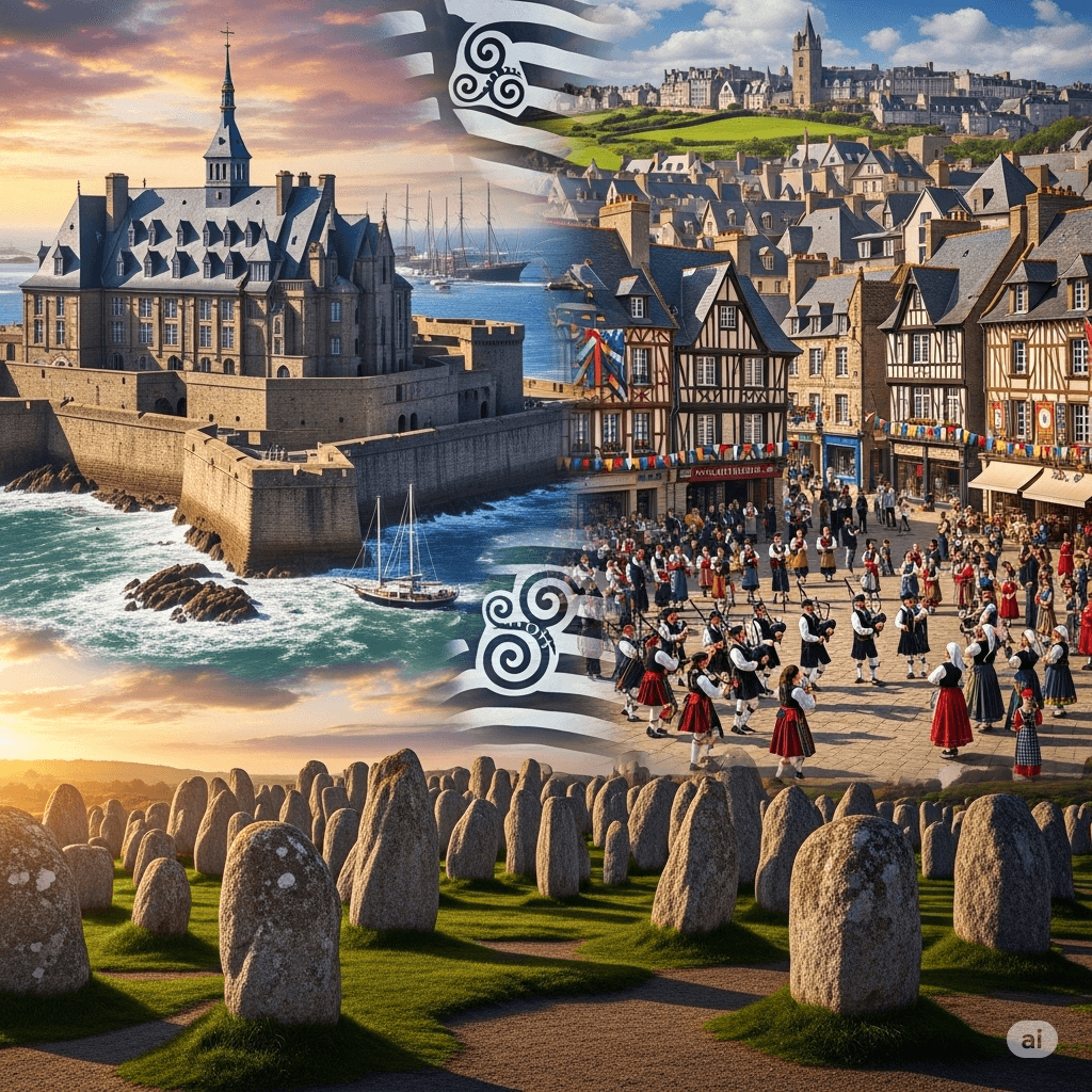 Illustration : Un patrimoine historique et culturel fort : alignements de Carnac, remparts de Saint-Malo, cités médiévales et festivals bretons.