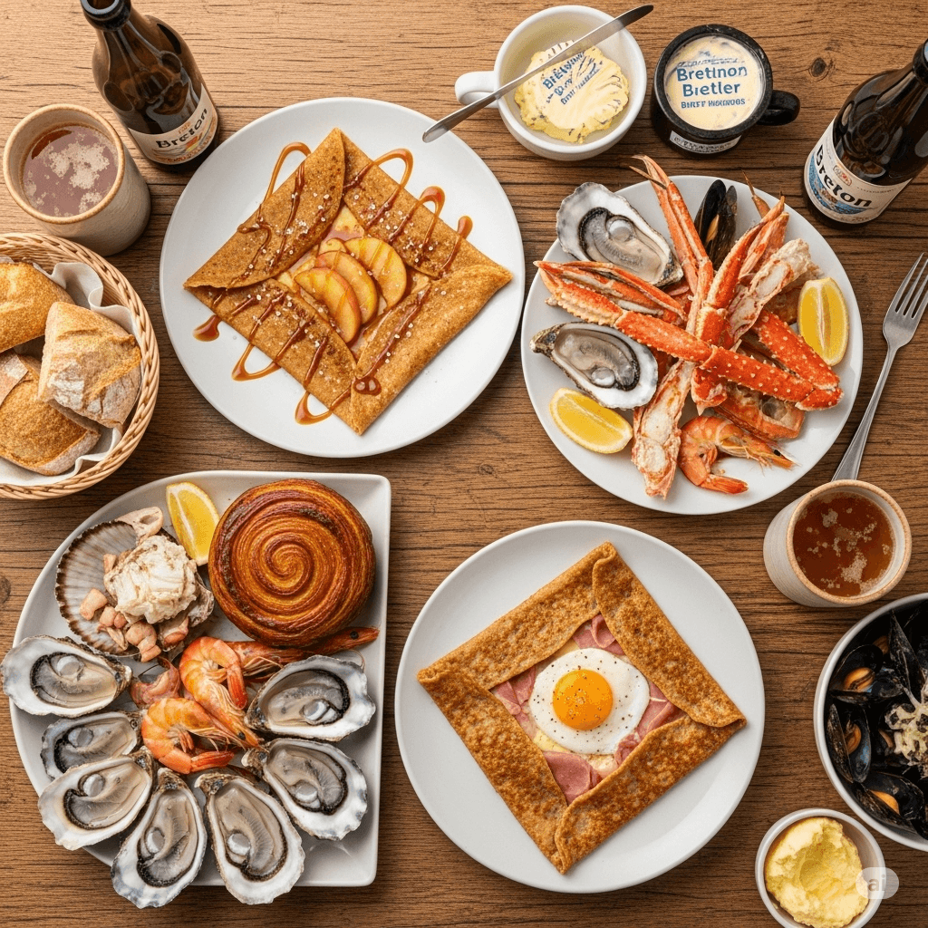 Illustration : Une gastronomie et un terroir réputés : crêpes, galettes, kouign-amann, fruits de mer et cidres bretons.