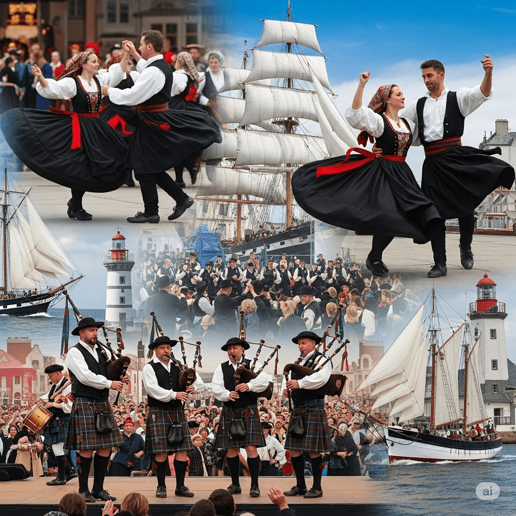 Illustration : Événements et traditions bretonnes : festivals de musique (Interceltique de Lorient), fest-noz et fêtes maritimes.