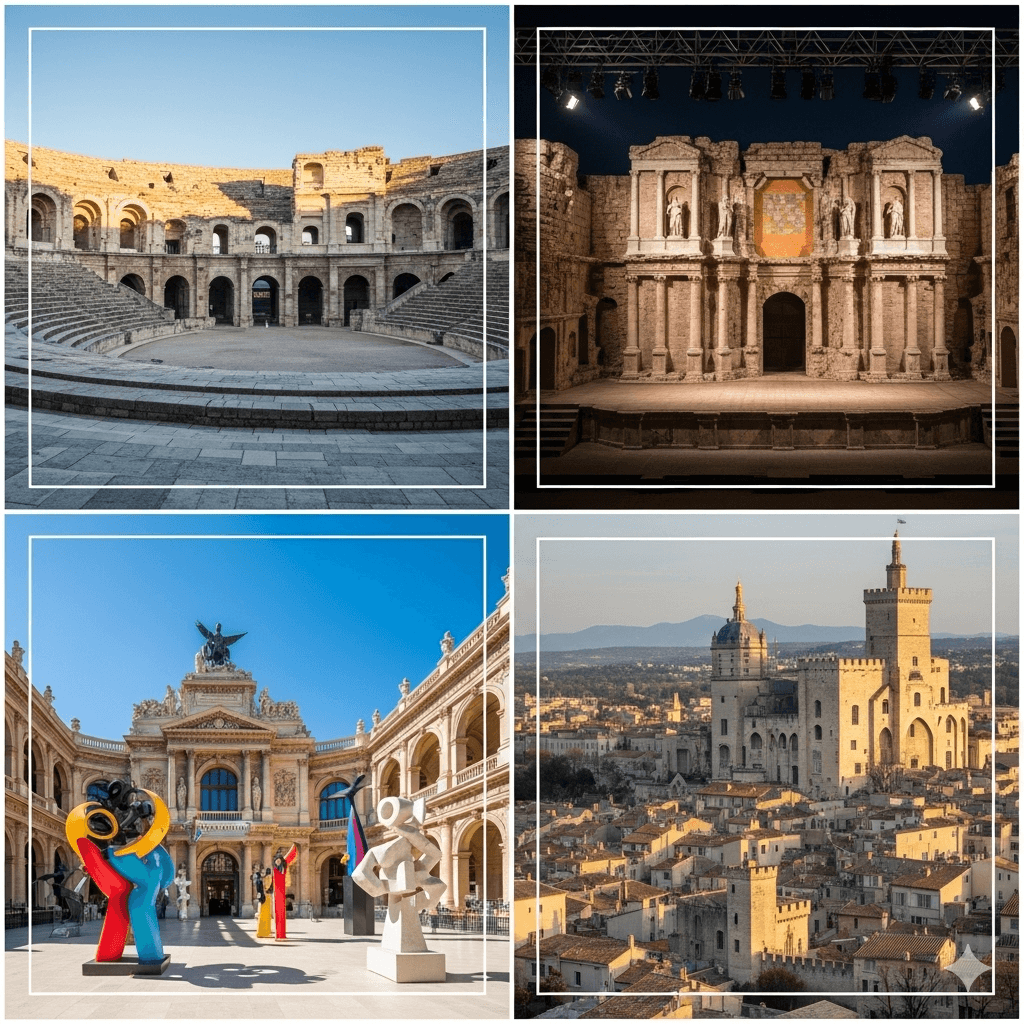 Illustration : Le théâtre antique d’Orange, les arènes d’Arles, les musées de Marseille et la vieille ville d’Avignon témoignent d’une culture riche et diversifiée.