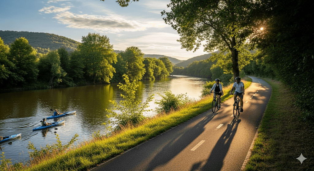Illustration : Surnommé 'le plus joli ruisseau du royaume', le fleuve est idéal pour le tourisme fluvial, le canoë ou les balades à vélo sur la 'Flow Vélo'.