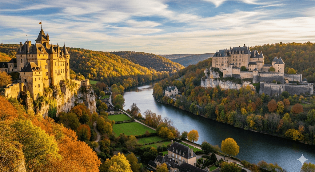 Illustration : Remontez le temps en visitant des forteresses légendaires. Admirez les châteaux de Castelnaud et de Beynac qui se font face, dominant majestueusement la rivière.