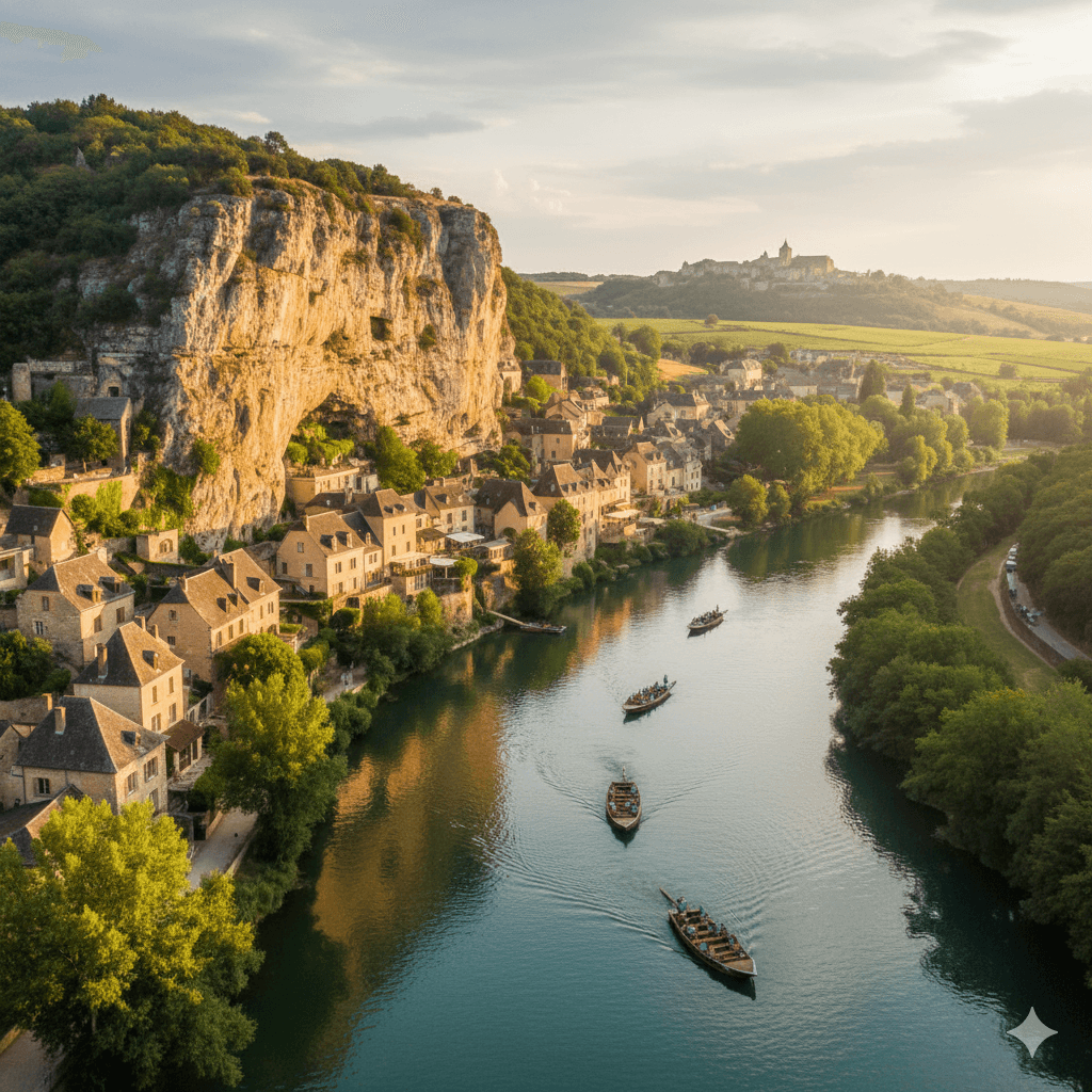 Illustration : Découvrez deux des 'Plus Beaux Villages de France' : La Roque-Gageac blotti contre sa falaise et la bastide de Domme offrant un panorama spectaculaire sur la vallée.