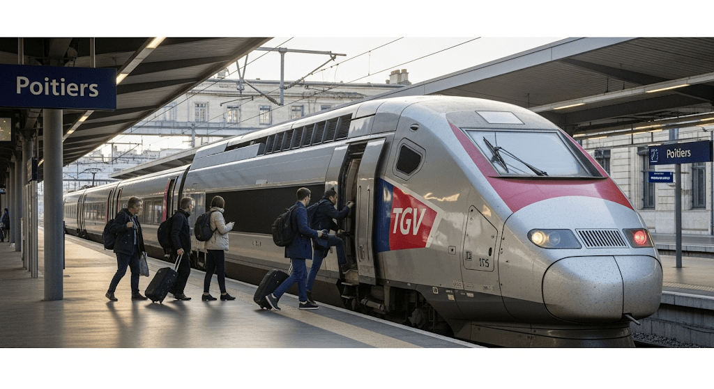 Illustration : Avec sa gare TGV, Poitiers se situe à seulement 1h20 de Paris et 1h30 de Bordeaux, offrant une connexion directe et rapide aux grands centres économiques.
