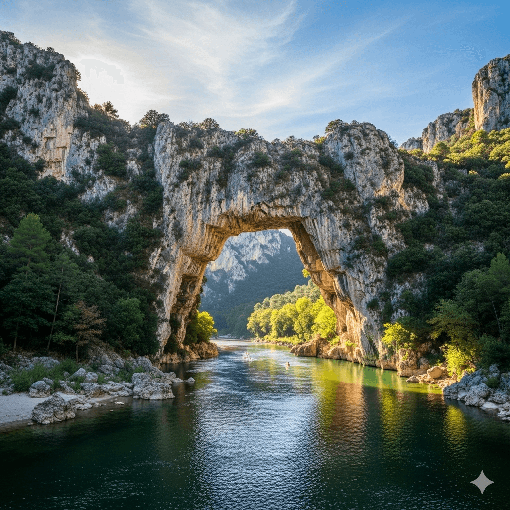 Illustration : Un canyon spectaculaire creusé par la rivière, dominé par une arche naturelle monumentale de 60 mètres de haut. C'est le symbole de l'Ardèche et un site naturel d'exception.